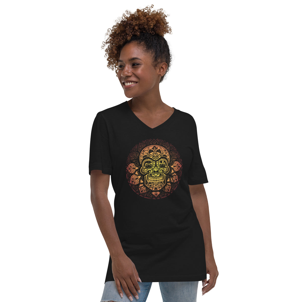 Sacred Skull (Women-Black) - Unisex Short Sleeve V-Neck T-Shirt
