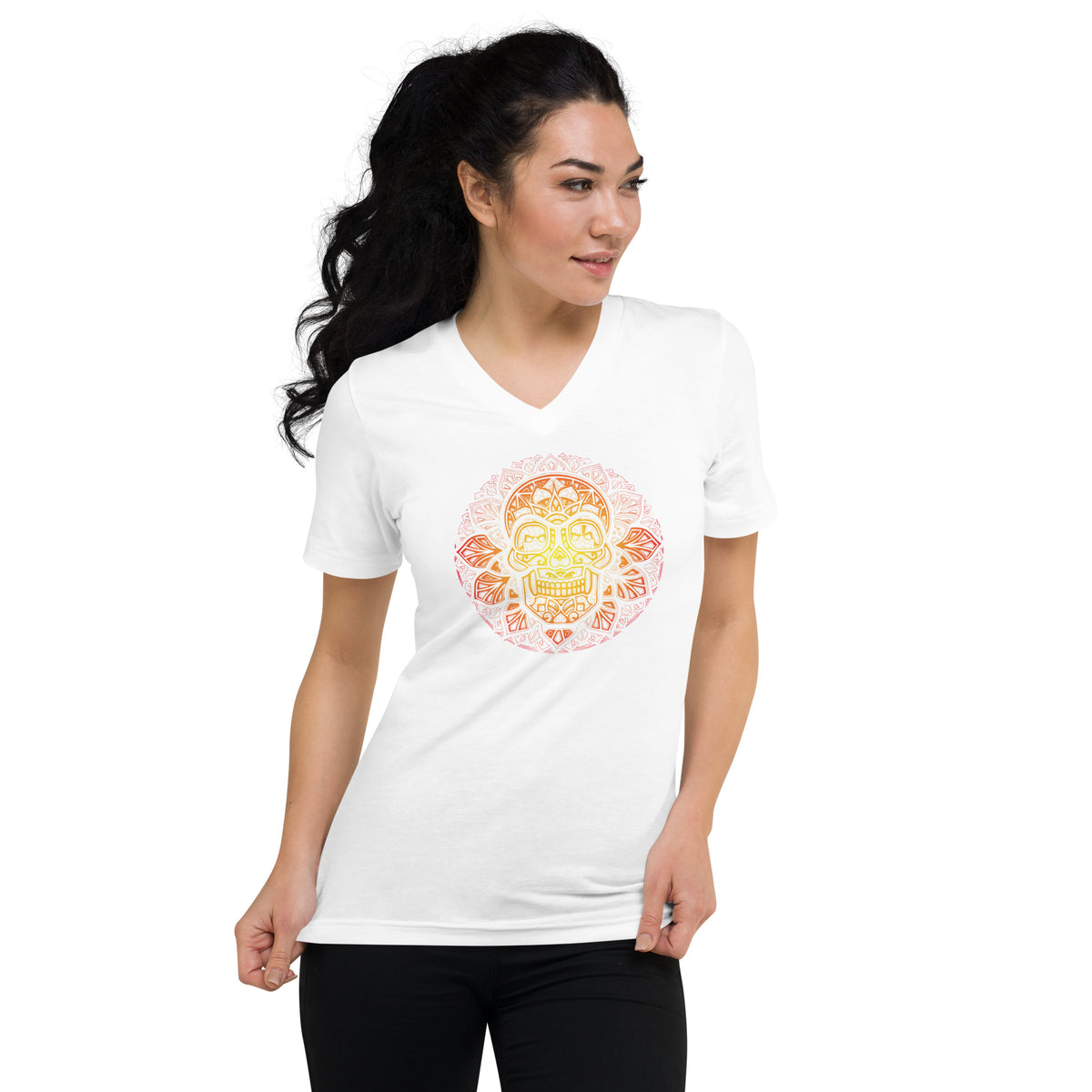 Sacred Skull (Women-White) - Unisex Short Sleeve V-Neck T-Shirt