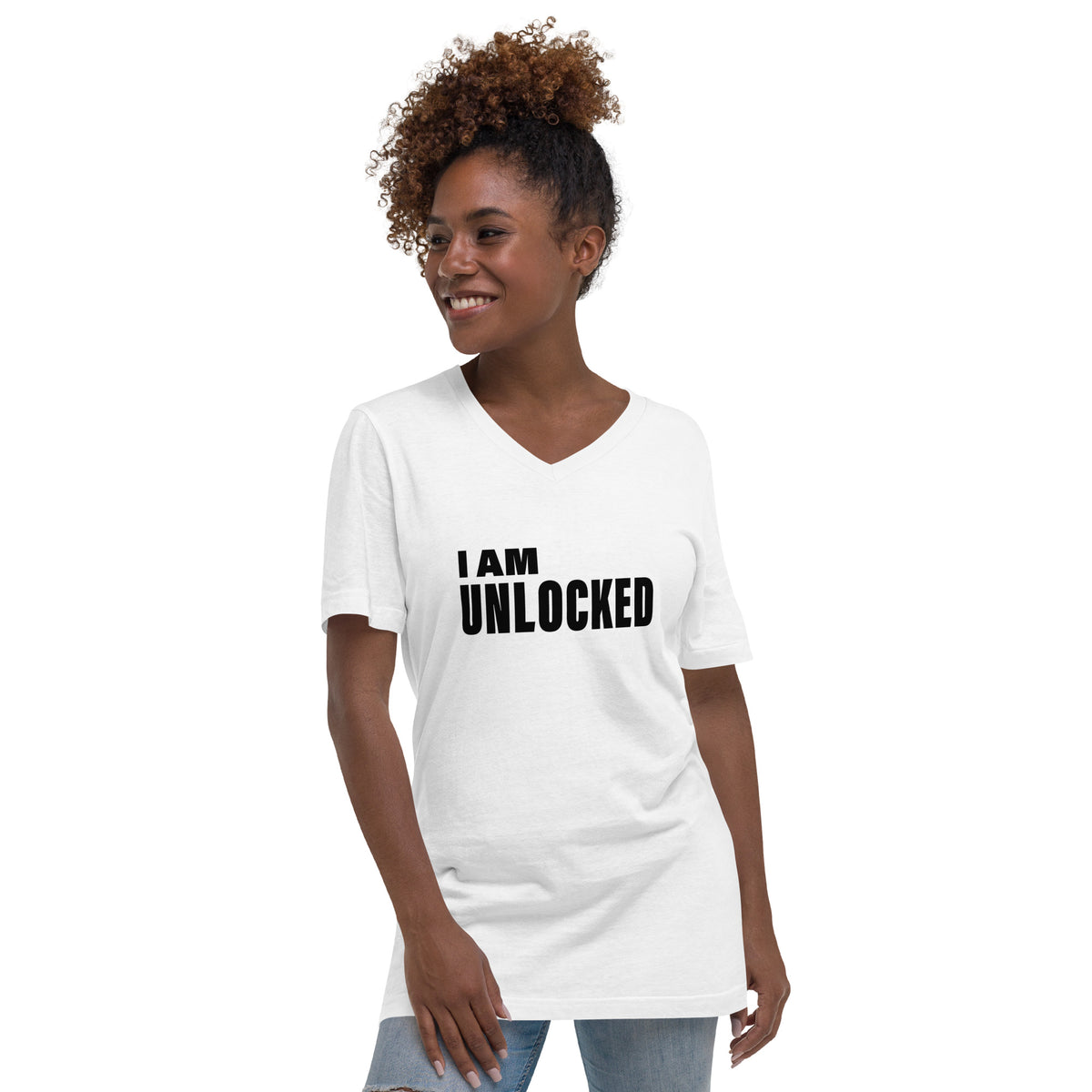 I Am Unlocked (Women-White) - Unisex Short Sleeve V-Neck T-Shirt